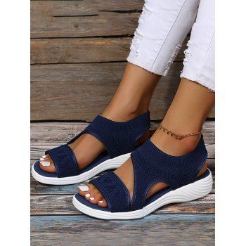 

Plain Color Slip On Wedge Heels Outdoor Knitted Sandals, Denim dark blue
