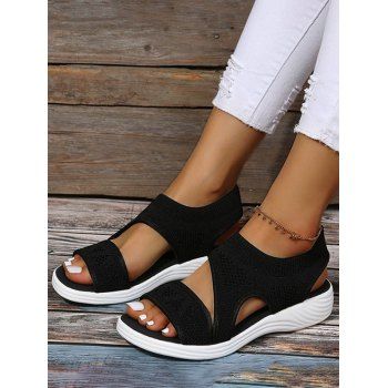 

Plain Color Slip On Wedge Heels Outdoor Knitted Sandals, Black
