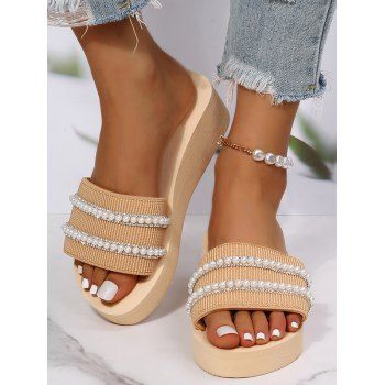 

Faux Pearl Embellishment Rhinestone Thick Platform Slip On Outdoor Slippers, Blanched almond