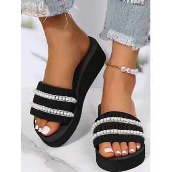 

Faux Pearl Embellishment Rhinestone Thick Platform Slip On Outdoor Slippers, Black