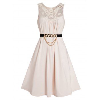 

Plain Color Dress Lace Panel Hollow Out Chain Embellishment Belted High Waisted A Line Mini Dress, Light coffee