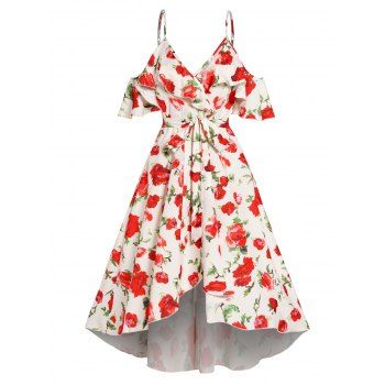 

Vacation Dress Allover Rose Print Flounce High Waisted Self Belted Spaghetti Strap High Low Midi Dress, White