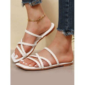 

Square Toe Braid Design Crisscross Flat Platform Slip On Outdoor Slippers, White