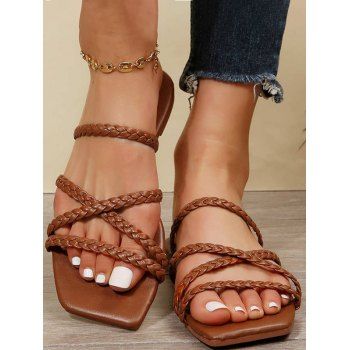 

Square Toe Braid Design Crisscross Flat Platform Slip On Outdoor Slippers, Brown