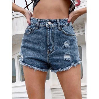 

Distressed Ripped Jean Shorts Frayed Hem Zip Fly Casual Denim Shorts, Blue