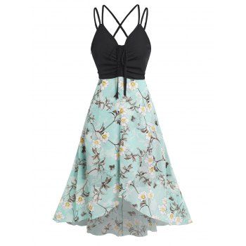 

Colorblock Dress Flower Print Cinched Dual Strap Crisscross High Waisted High Low Midi Dress, Light green