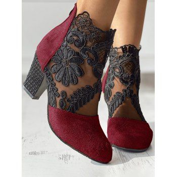 

Sheer Lace Flower Chunky Heels Zip Fly Outdoor Sandals, Red wine