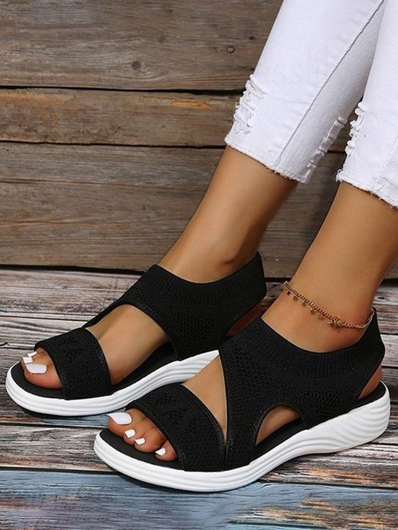 Plain Color Slip On Wedge Heels Outdoor Knitted Sandals - Noir EU 36