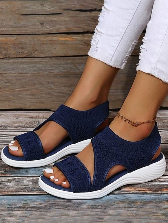 Plain Color Slip On Wedge Heels Outdoor Knitted Sandals - Bleu Foncé Toile de Jean EU 38