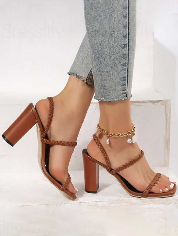 Braid Deisgn Slip On Chunky Heels Plain Color Outdoor Sandals - Brun EU 36
