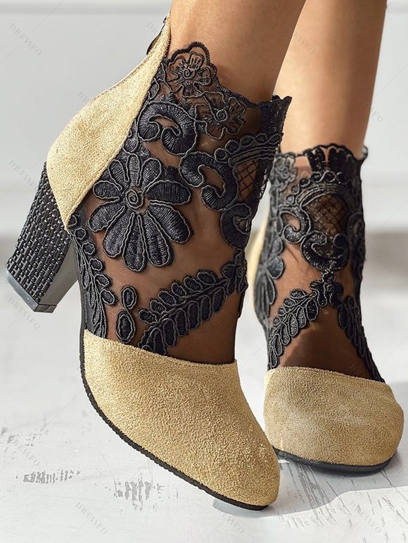 Sheer Lace Flower Chunky Heels Zip Fly Outdoor Sandals - Abricot EU 43