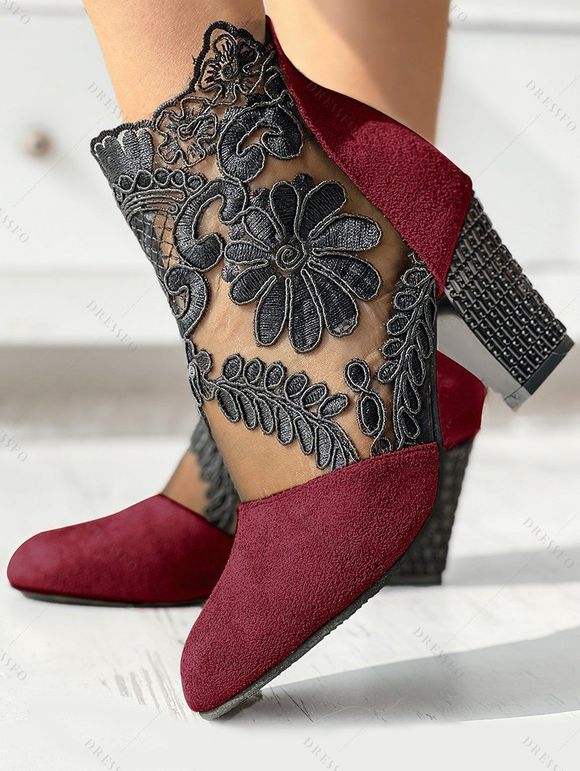 Sheer Lace Flower Chunky Heels Zip Fly Outdoor Sandals - Rouge Vineux EU 42