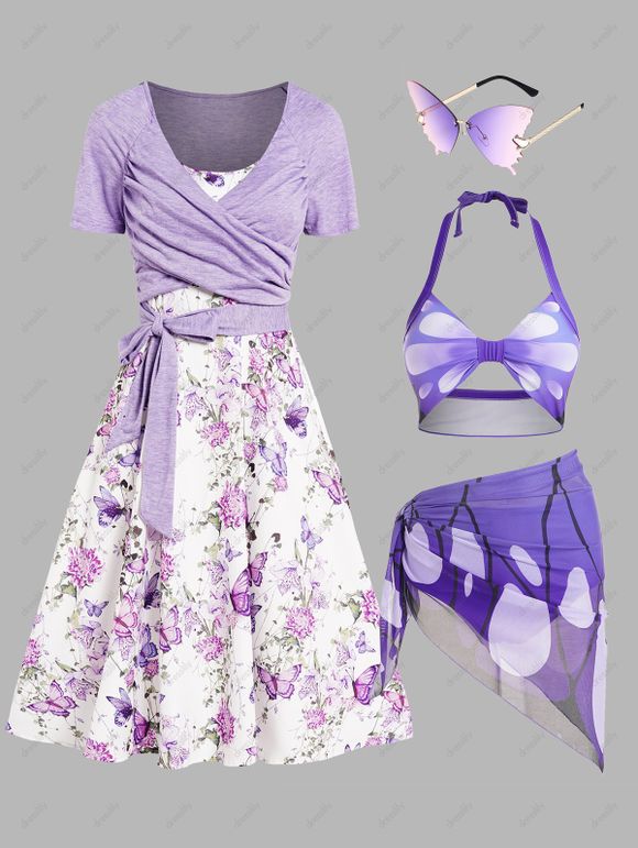 Butterfly Floral Print A Line Dress Tied Surplice T Shirt Three Piece Halter Bikini Swimsuit And Ombre Sunglasses Outfit - LIGHT PURPLE S