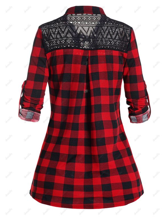 Haut Décontracté Panneau en Maille Transparente à Carreaux Imprimé à Manches Longues - Rouge L