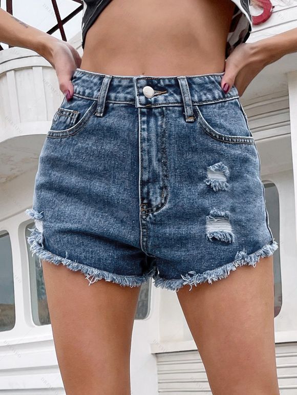 Distressed Ripped Jean Shorts Frayed Hem Zip Fly Casual Denim Shorts - BLUE S