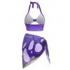 Butterfly Floral Print A Line Dress Tied Surplice T Shirt Three Piece Halter Bikini Swimsuit And Ombre Sunglasses Outfit - LIGHT PURPLE S