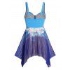 Plus Size Tankini Swimsuit Flower Print Sheer Mesh Asymmetric Padded Modest Swimsuit High Waist Bathing Suit - DEEP BLUE L