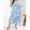 Plus Size Dress Paisely Flower Print Surplice High Waisted Vacation A Line Midi Dress - LIGHT BLUE 4XL