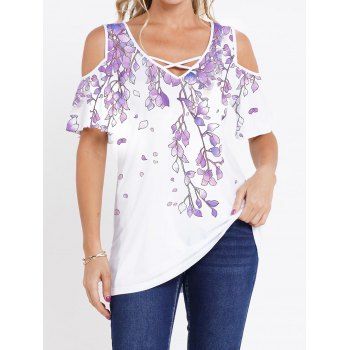 

Leaf Print T Shirt Crisscross Cold Shoulder Long Casual Tee, White