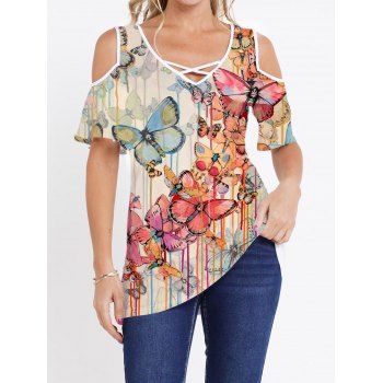 

Colored Butterfly Striped Print T Shirt Crisscross Cold Shoulder V Neck Long Tee, Multicolor