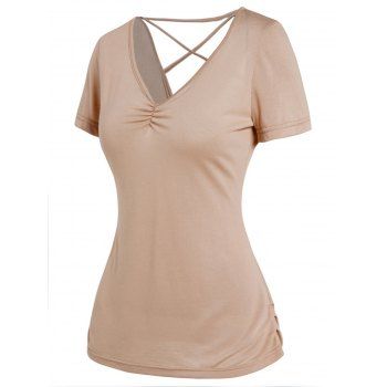 

Plain Color Lace Up T-shirt Ruched V Neck Short Sleeve Casual Tee, Light coffee