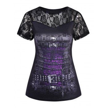 

Gothic 3D Print T-shirt See Thru Lace Panel Short Sleeve Tee, Black