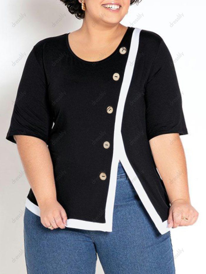 Plus Size T-shirt Colorblock Panel Short Sleeve Tee Mock Button Front Slit Curve T Shirt - BLACK 5X