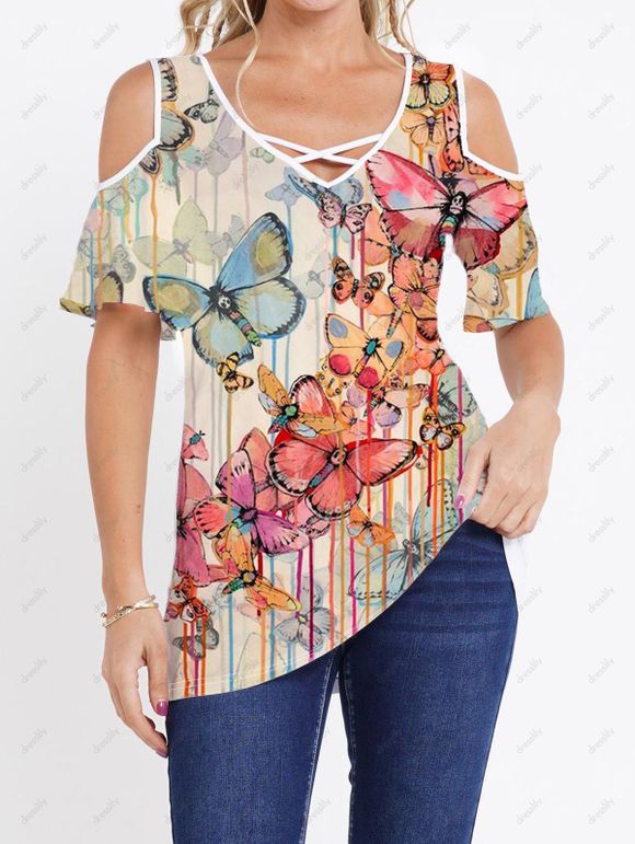T-shirt Imprimé Rayures Colorées Papillon Entrecroisé Epaule Froide Col en V - multicolor XXL