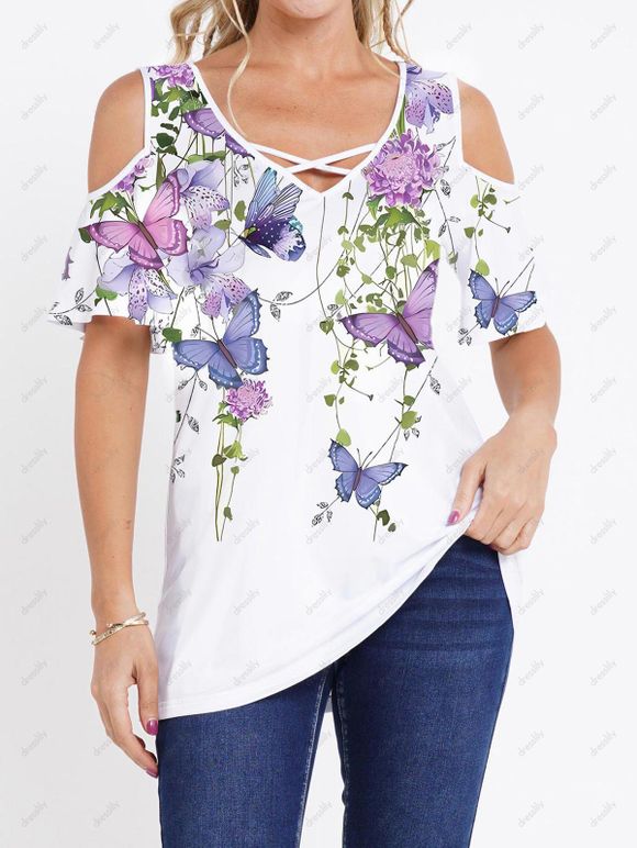 T-shirt Long Croisé à Imprimé Papillon Fleur à Epaule Dénudée à Col V - Blanc S
