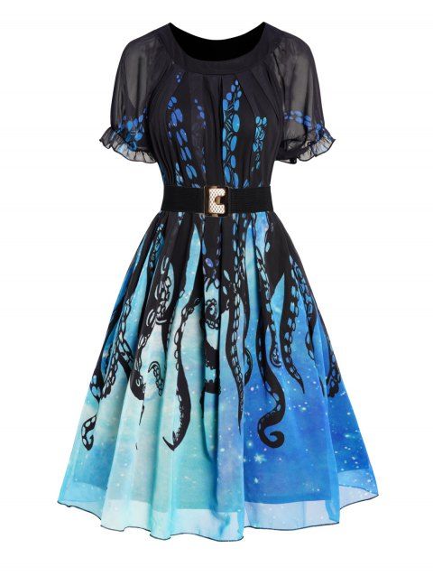 Puff Sleeve Galaxy Octopus Print Mini Dress Belted A Line Chiffon Dress