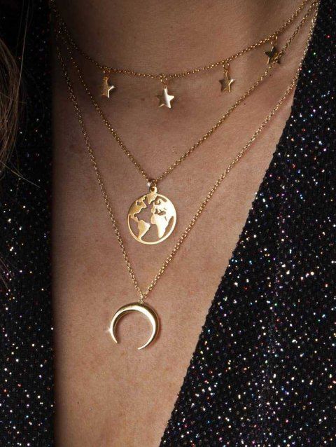 Moon Map Star Pendant Layered Adjustable Chain Necklace
