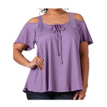 

Plus Size Cold Shoulder Tee Lace Up Buckle Straps Short Sleeve Curve T-shirt, Light purple