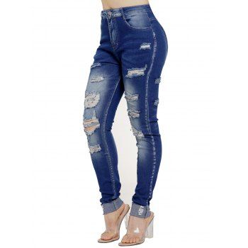 

Distressed Ripped Jeans Destroy Wash Zip Fly Long Denim Pants, Deep blue