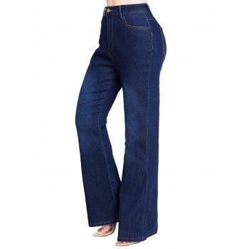 

Dark Wash Flare Jeans Zipper Fly Pockets High Waisted Long Denim Pants, Deep blue