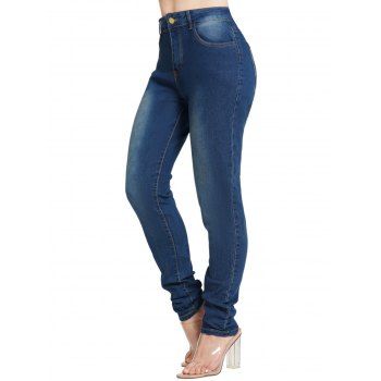 

Dark Wash Jeans Zipper Fly Pockets High Waisted Long Skinny Denim Pants, Deep blue