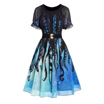 

Puff Sleeve Galaxy Octopus Print Mini Dress Belted A Line Chiffon Dress, Black
