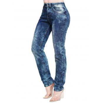 

Acid Wash Jeans Zipper Fly Pockets High Waisted Straight Long Denim Pants, Blue