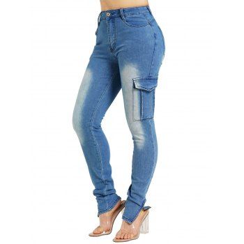 

Skinny Jeans Patch Design Zipper Embellishment Slit Zipper Fly High Waisted Long Denim Pants, Light blue