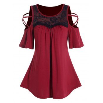 

Contrast Colorblock T Shirt Rose Lace Panel Ruched Crisscross Cold Shoulder Tee, Deep red