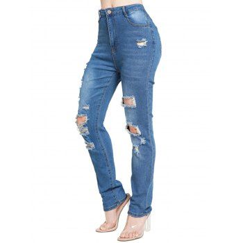 

Destroyed Jeans Zipper Fly Pockets High Waisted Ripped Long Denim Pants, Blue