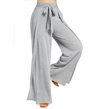 

Self Belt Elastic Waist Wide Leg Pants High Waist Casual Sport Loose Pants, Gray