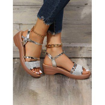 

Glitter Buckle Strap Open Toe Thick Heels Outdoor Sandals, Silver