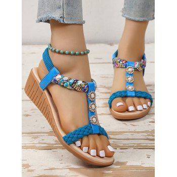 

Ethnic Style Open Toe Braid Slip On Wedge Heels Beach Sandals, Blue