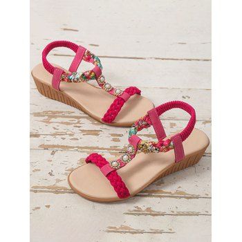 

Ethnic Style Open Toe Braid Slip On Wedge Heels Beach Sandals, Rose red