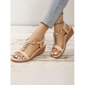 

Ethnic Style Open Toe Braid Slip On Wedge Heels Beach Sandals, Beige