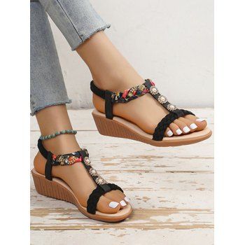 

Ethnic Style Open Toe Braid Slip On Wedge Heels Beach Sandals, Black