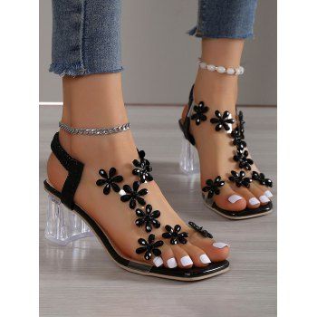 

Floral Transparent Slip On Chunky Heels Sandals, Black