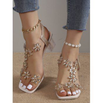 

Floral Transparent Slip On Chunky Heels Sandals, Champagne gold