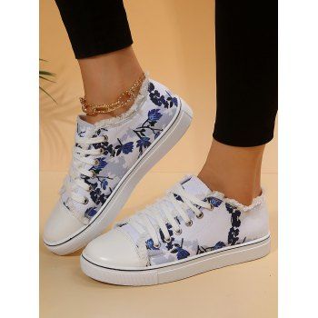 

Printed Lace Up Frayed Hem Flat Platform Outdoor Shoes, White