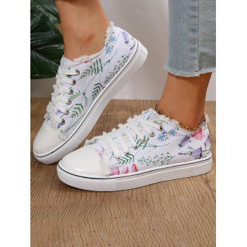 

Flower Print Frayed Hem Lace Up Flat Platform Outdoor Shoes, White